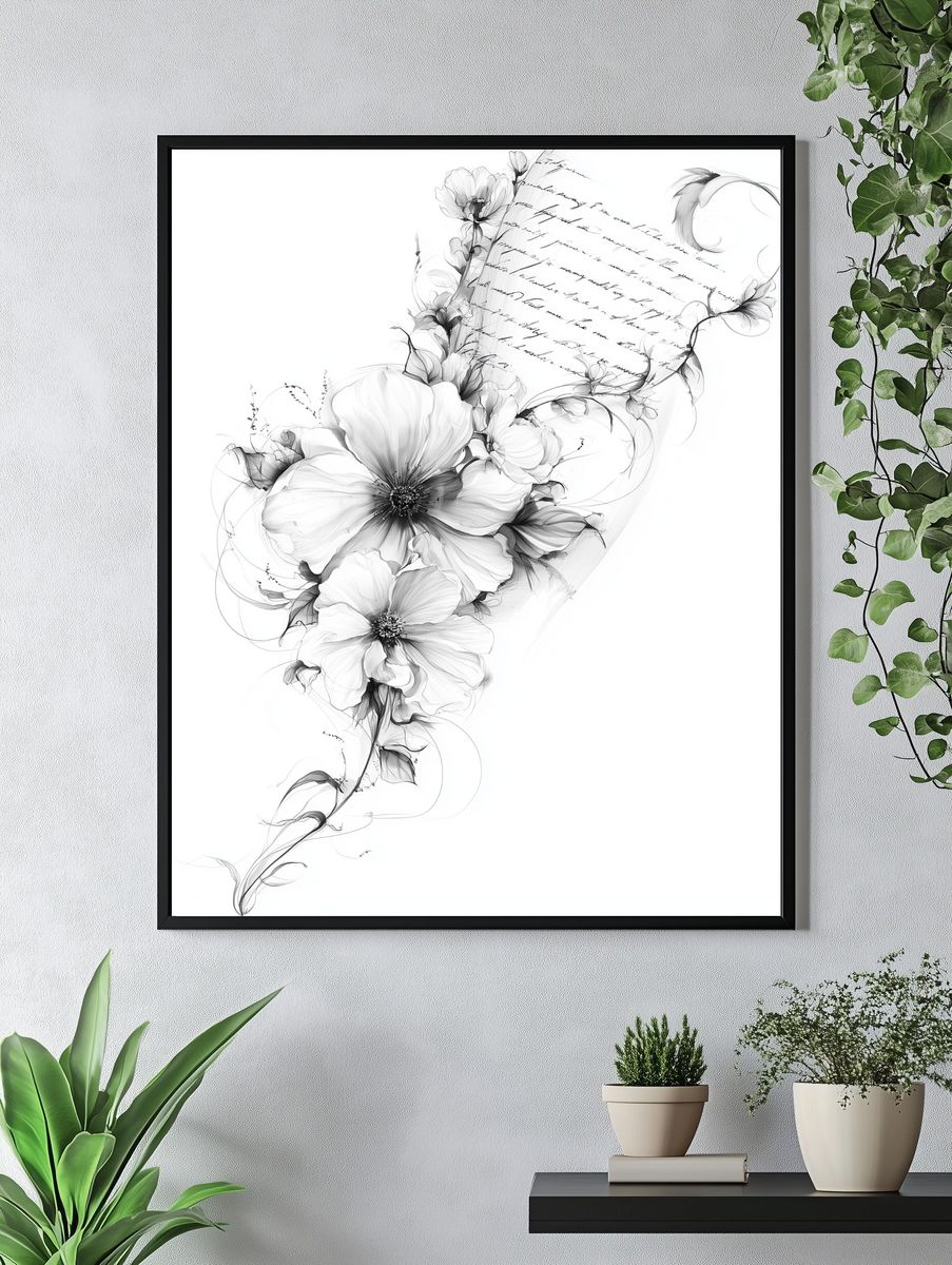 Monochrome Floral Sketch Print. — room view 4
