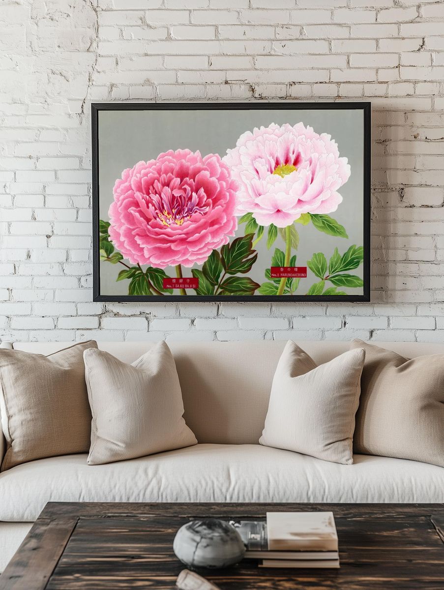 Pink peonies, vintage flower print. room preview