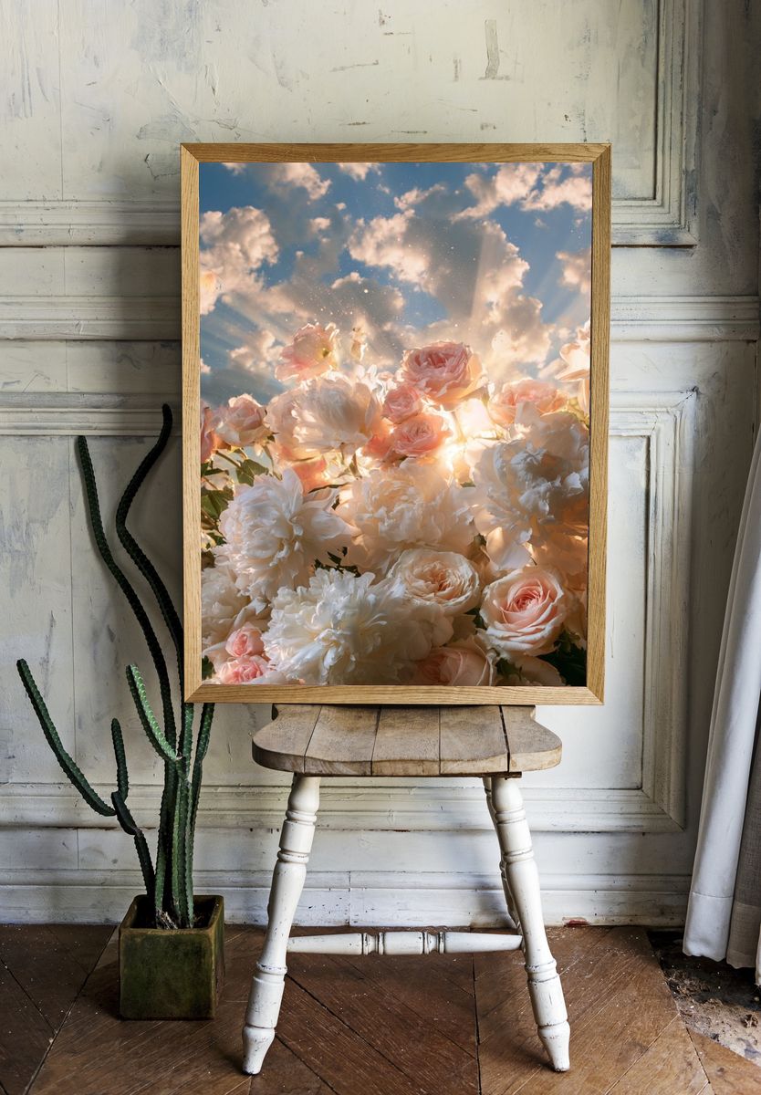 Sunlit Roses and Peonies Print. — room view 1