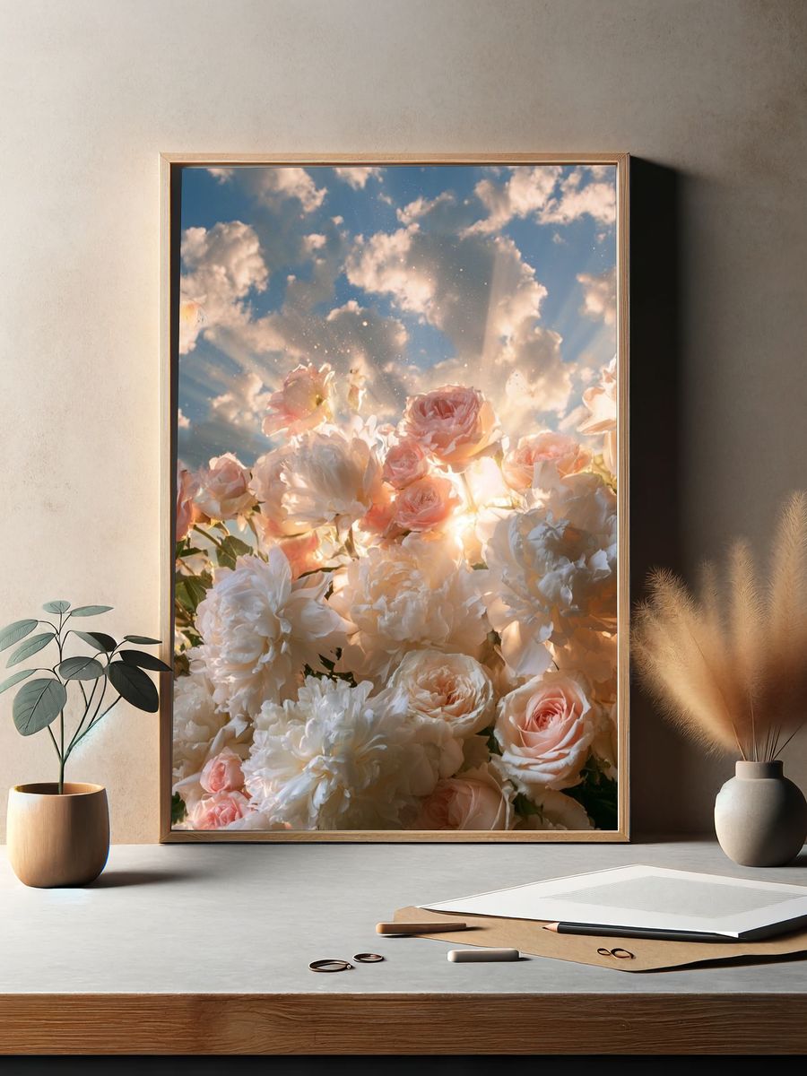 Sunlit Roses and Peonies Print. — room view 2