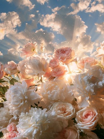 Sunlit Roses and Peonies Print. poster