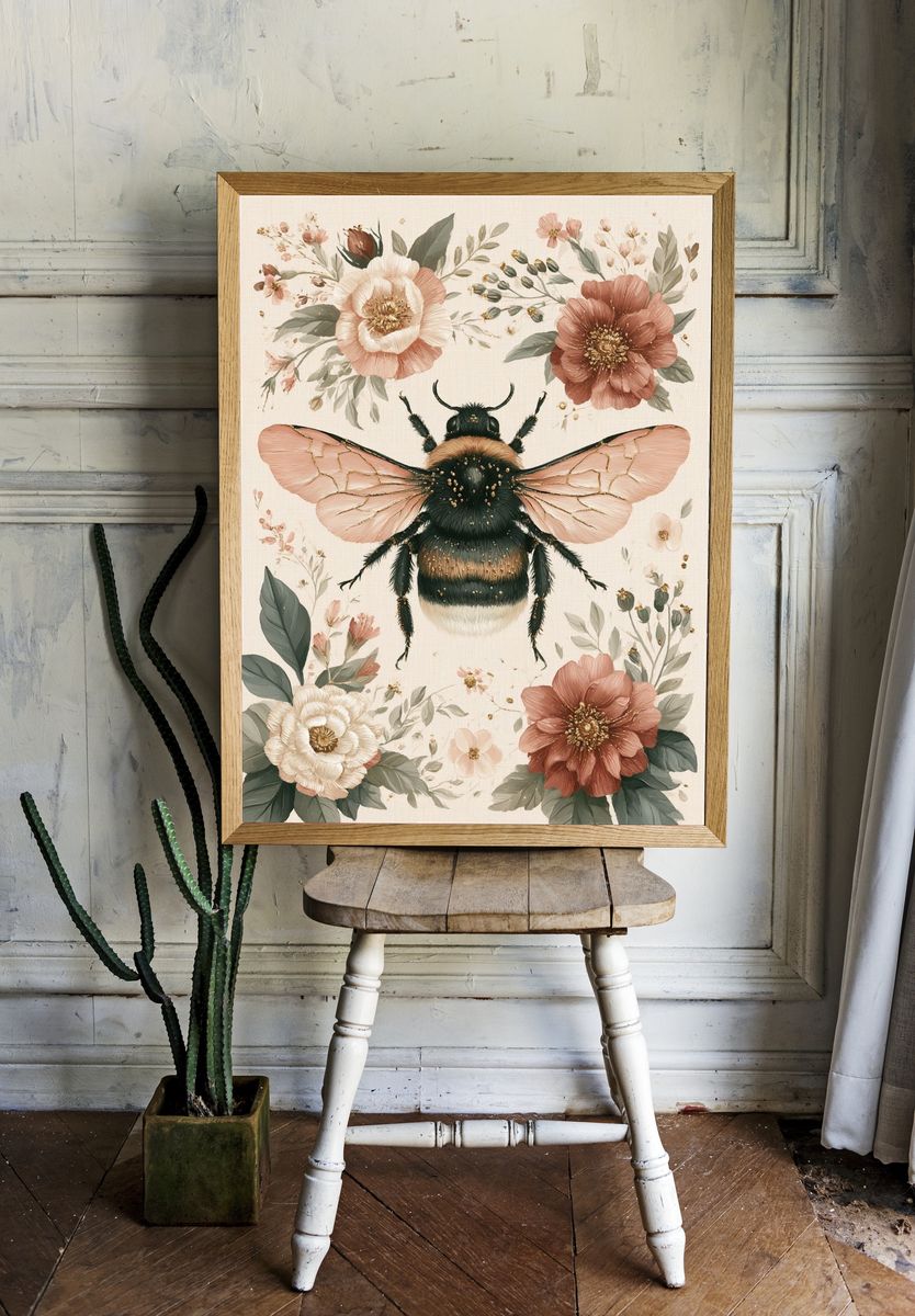 Floral Bumblebee Illustration Poster. — room view 1