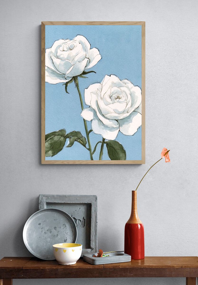 White Roses Watercolor Print. — room view 3
