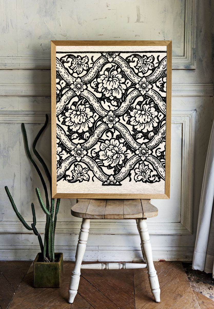 Floral Lattice Woodcut Print. room preview