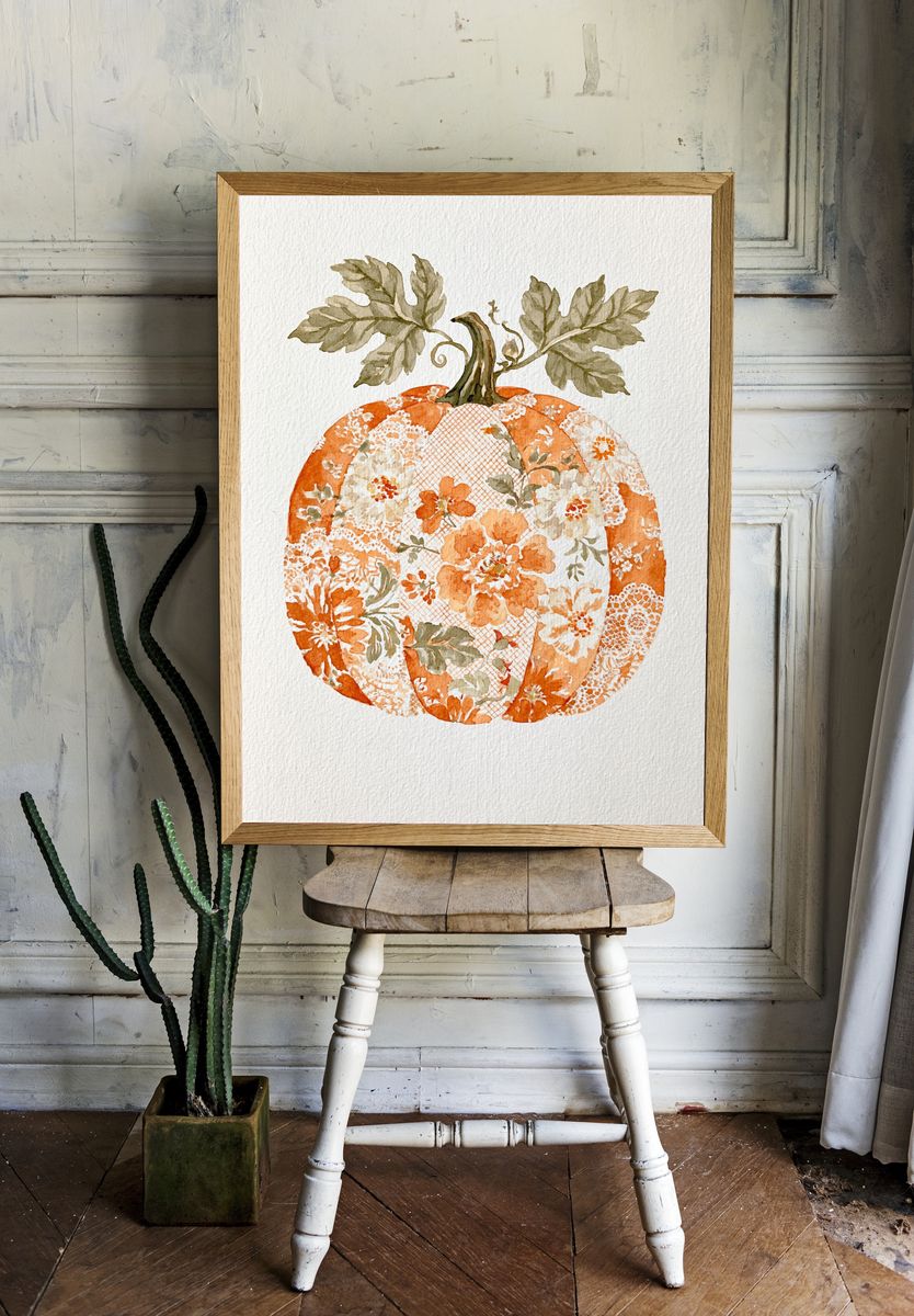 Floral Pumpkin Watercolor Poster. room preview
