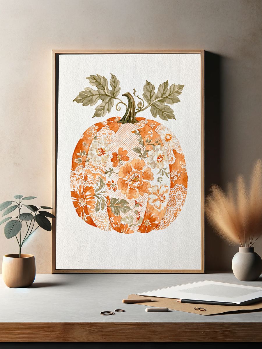 Floral Pumpkin Watercolor Poster. — room view 2