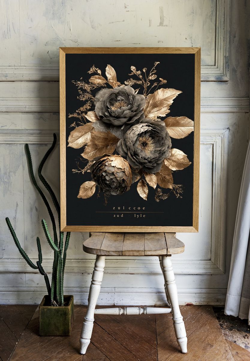 Golden Floral Bouquet Illustration Poster. — room view 1