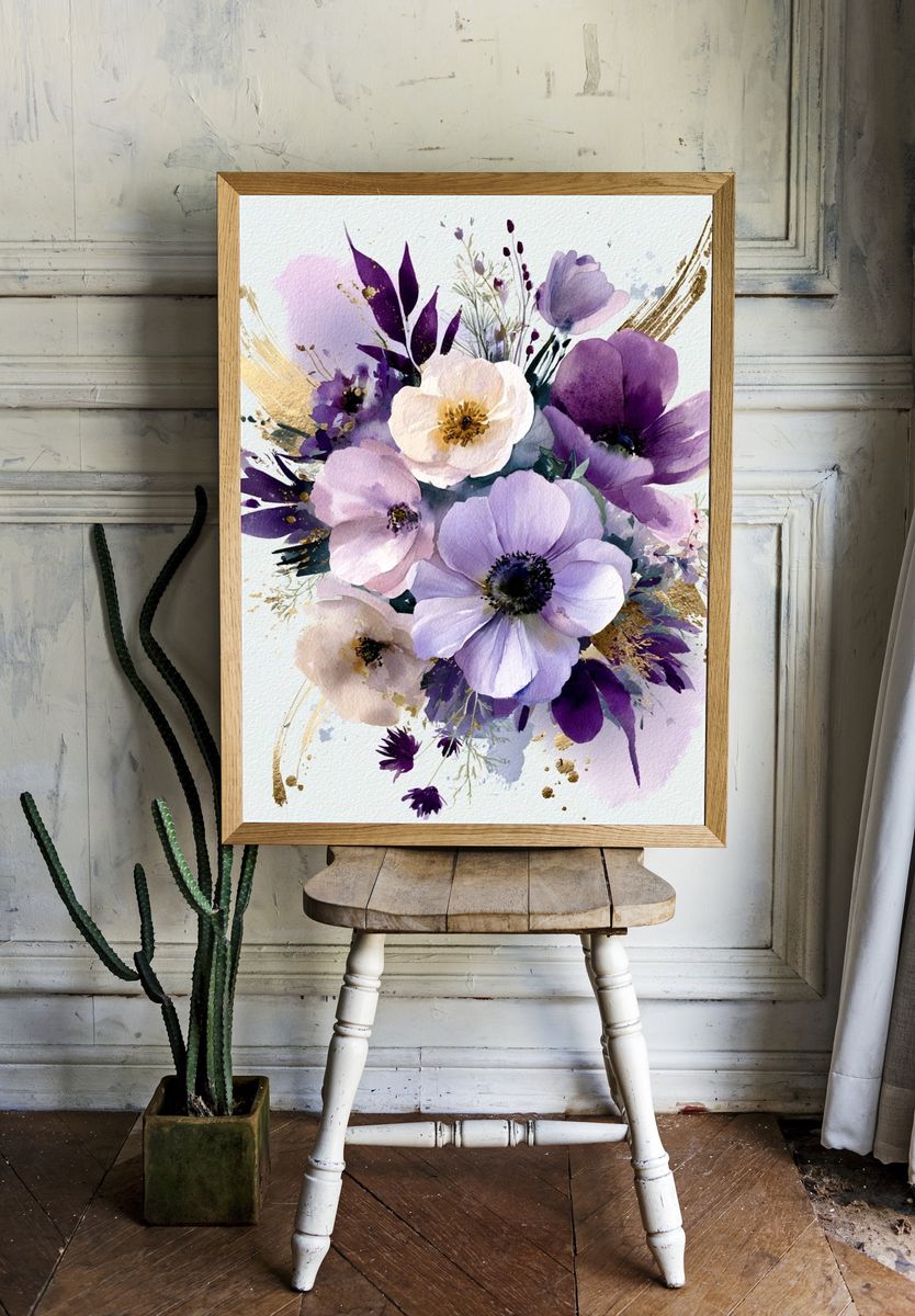 Purple Floral Watercolor Poster. — room view 1