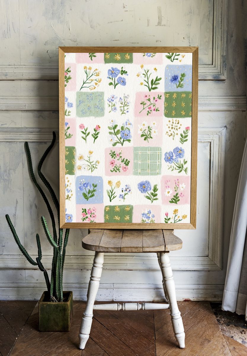 Pastel Floral Patchwork Print. room preview
