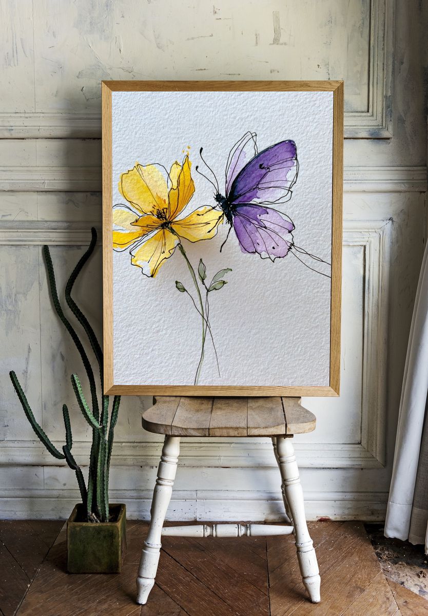 Butterfly Flowers Watercolor Print. room preview