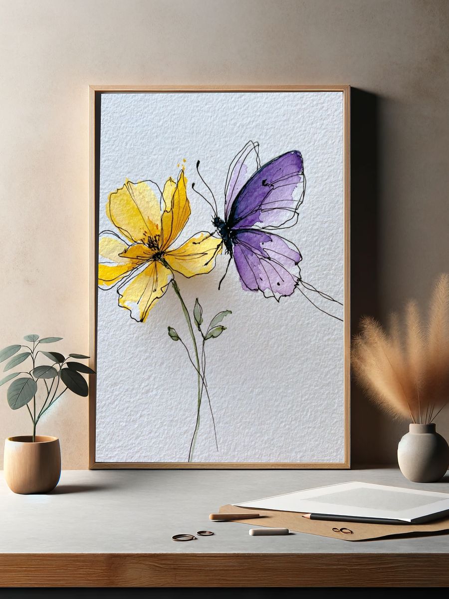 Butterfly Flowers Watercolor Print. — room view 2