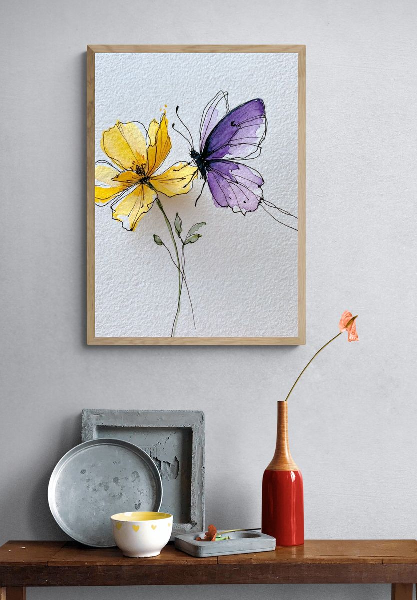 Butterfly Flowers Watercolor Print. — room view 3