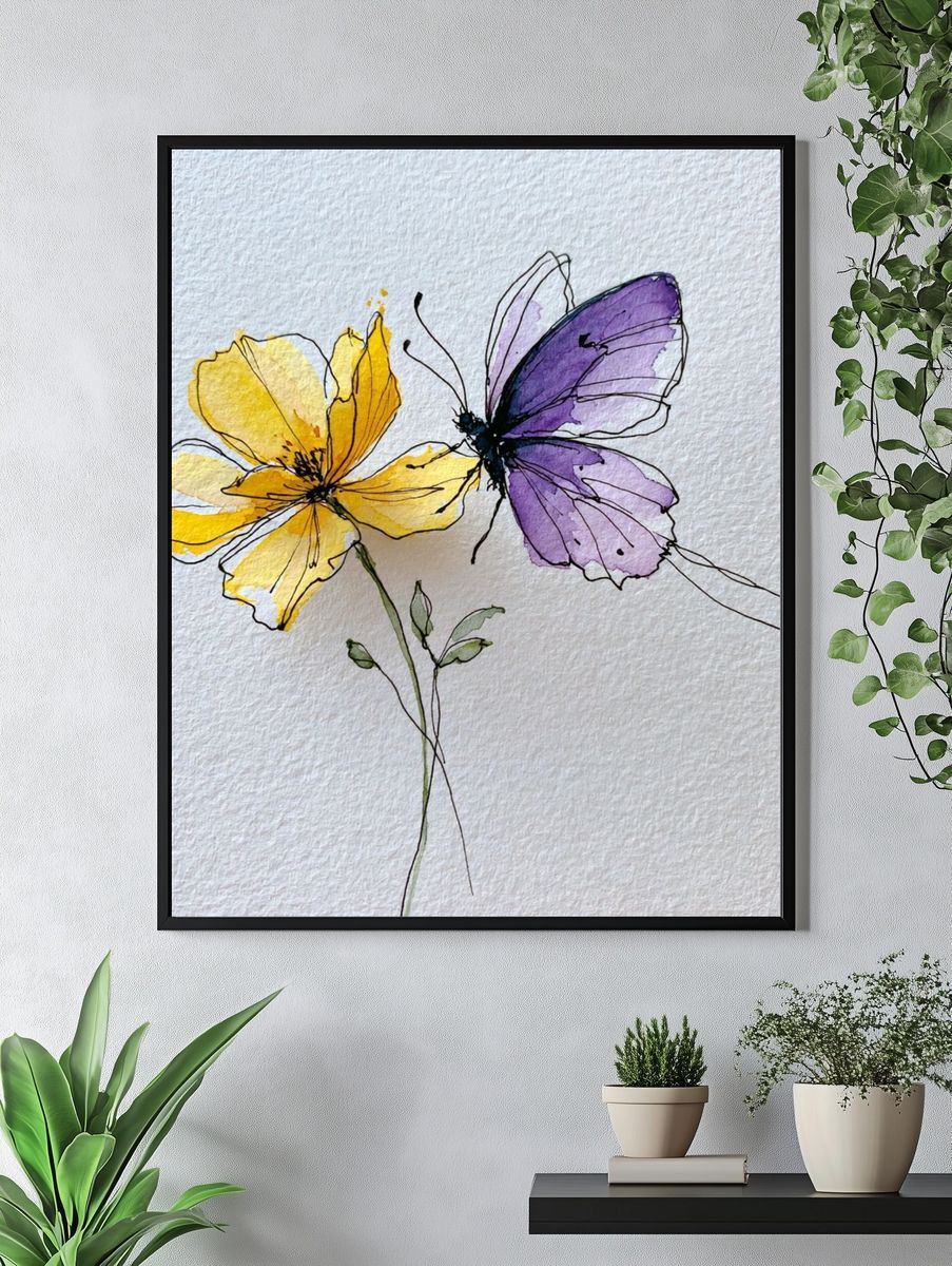 Butterfly Flowers Watercolor Print. — room view 4