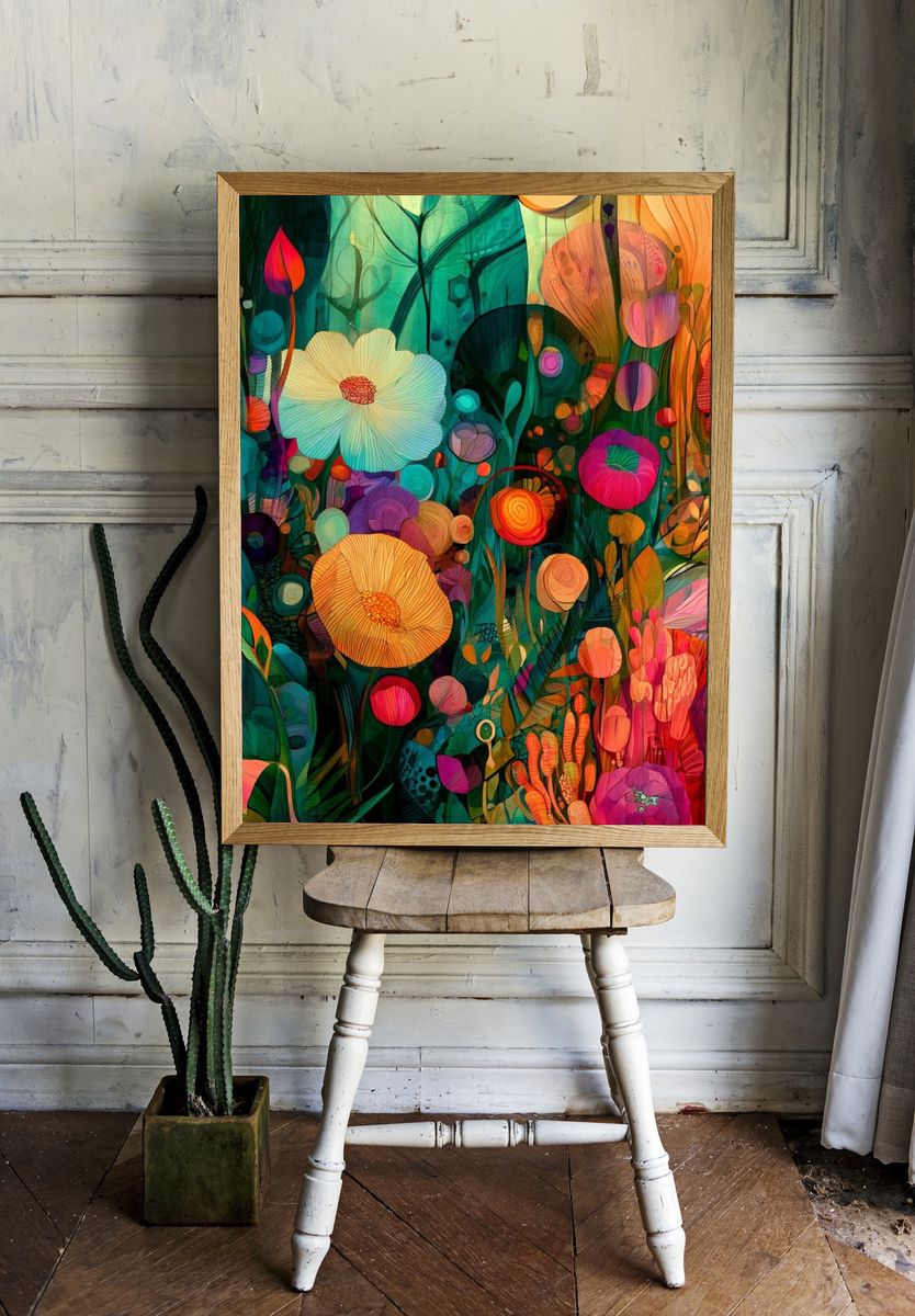Vibrant Floral Garden Illustration Poster. — room view 1