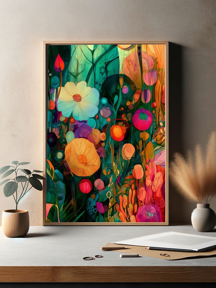 Vibrant Floral Garden Illustration Poster. — room view 2