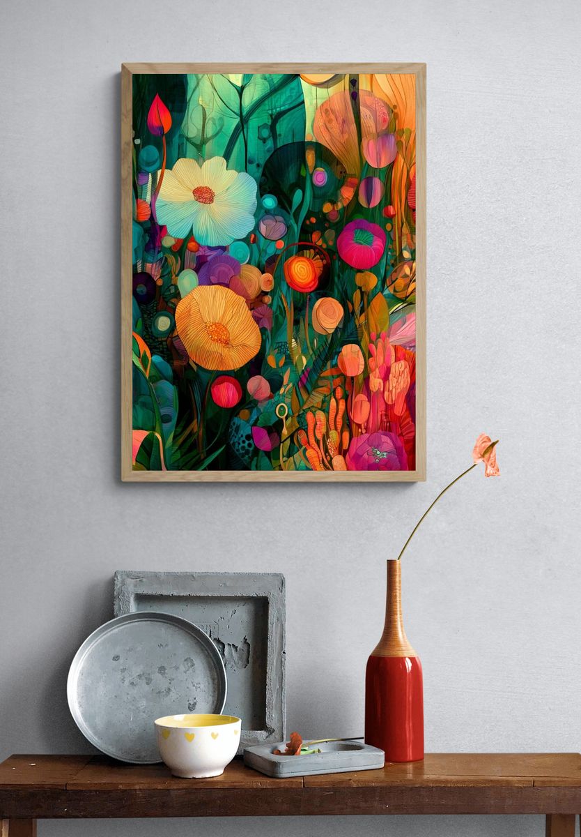 Vibrant Floral Garden Illustration Poster. — room view 3