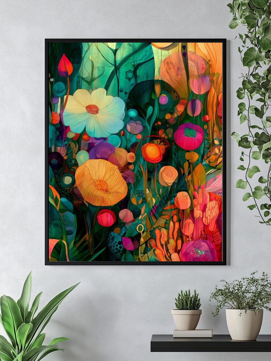 Vibrant Floral Garden Illustration Poster. — room view 4