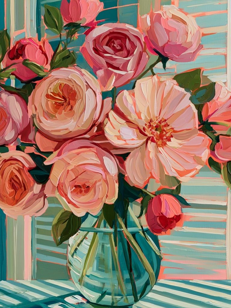 Pink Roses in Vase Print. poster — botanical art