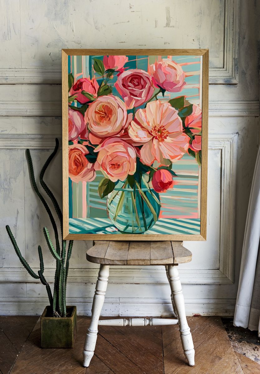 Pink Roses in Vase Print. — room view 1