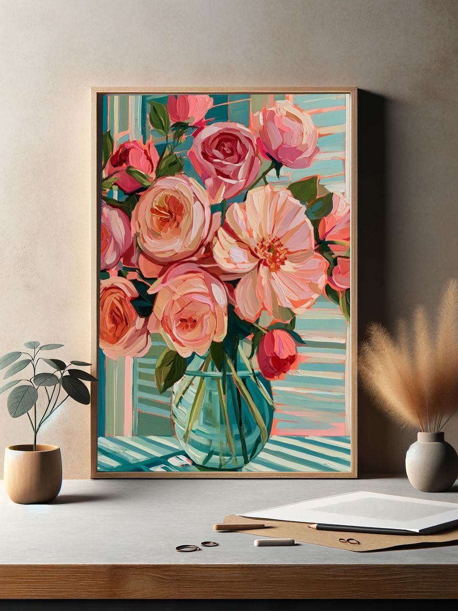 Pink Roses in Vase Print. — room view 2