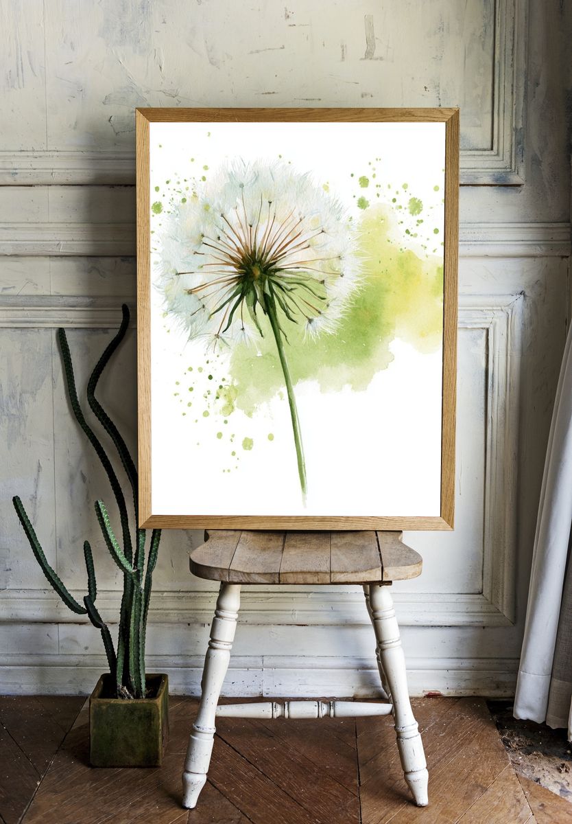 Dandelion Bloom Watercolor Print. room preview