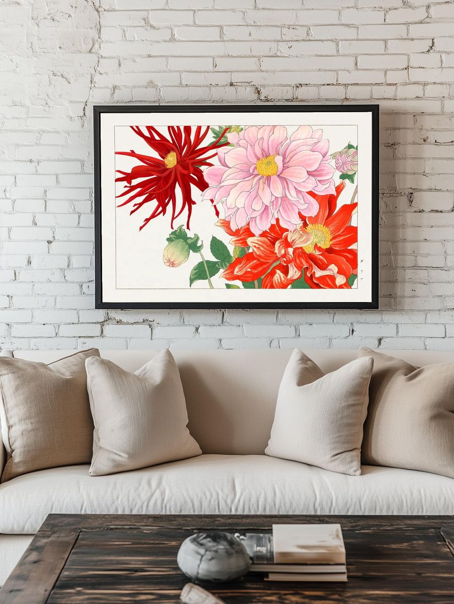 Dahlia flower woodblock painting. Digitally. — room view 1