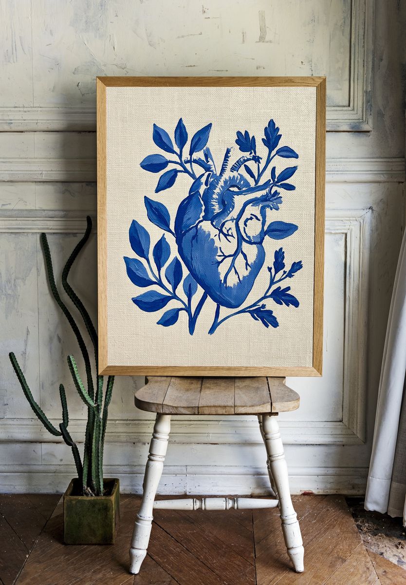 Blue Botanical Heart Print. — room view 1