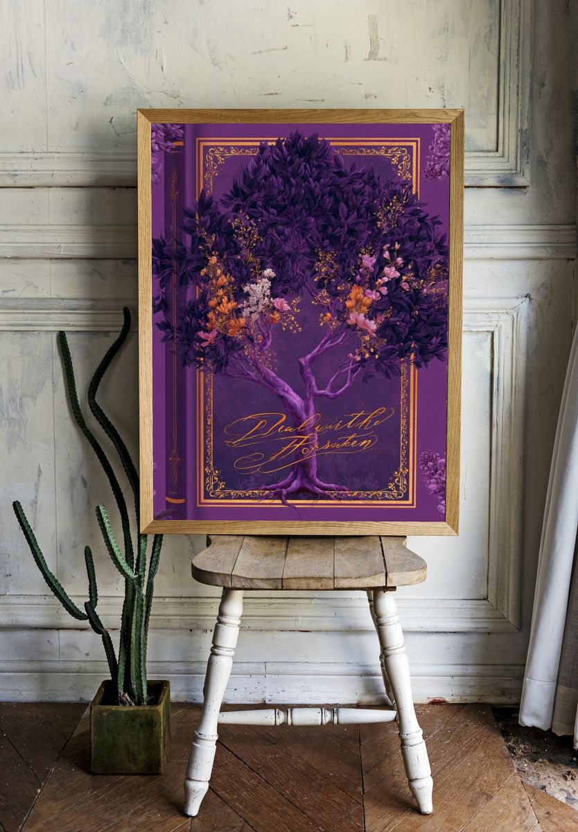 Purple Floral Tree Typography Poster. room preview