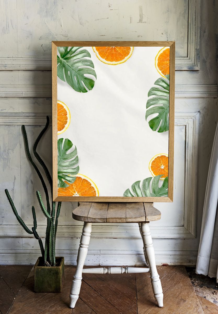 Green Monstera leaves orange background. — room view 1