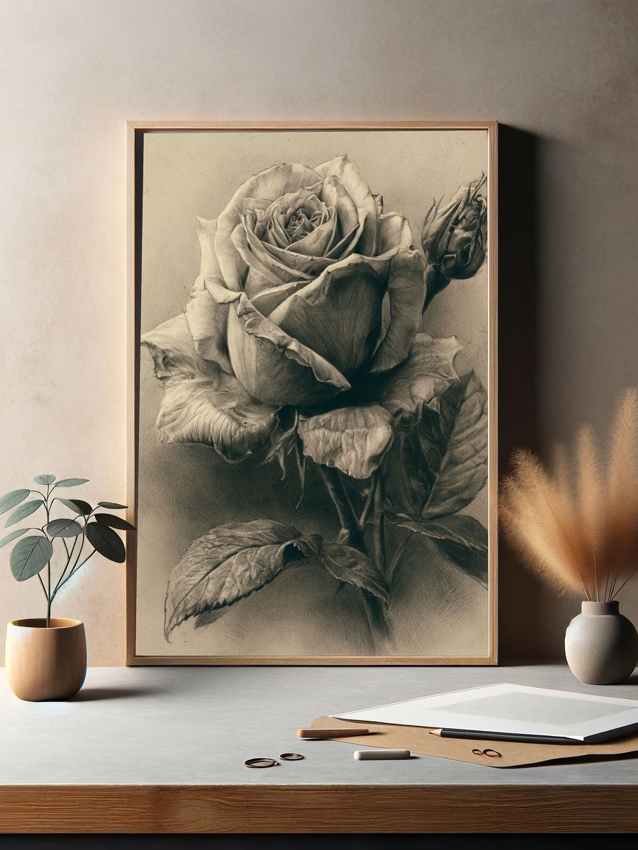 Sepia Rose Botanical Print. — room view 2