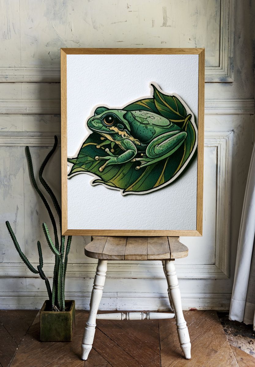 Green Tree Frog Botanical Print. room preview
