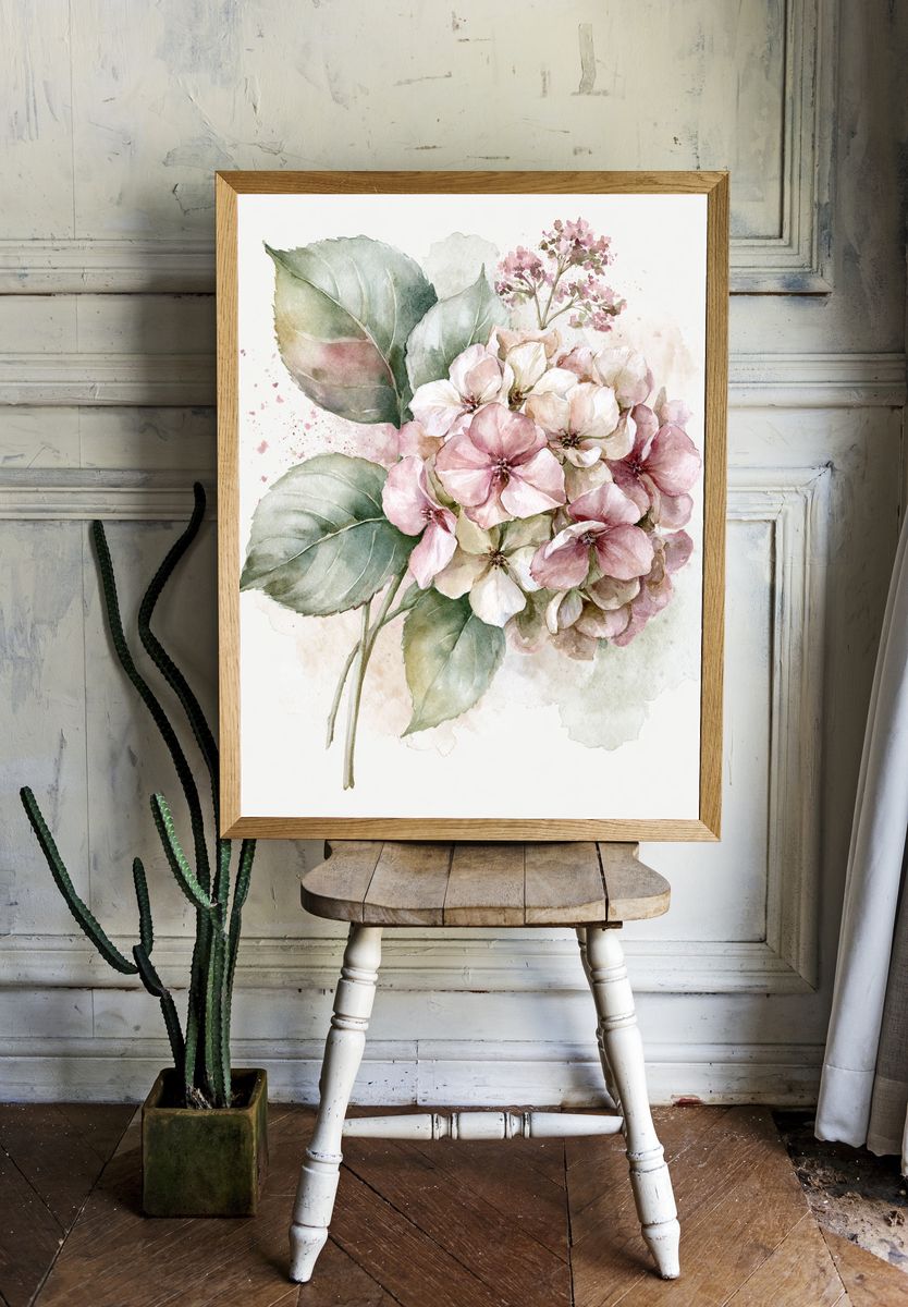 Blush Hydrangea Watercolor Poster. — room view 1