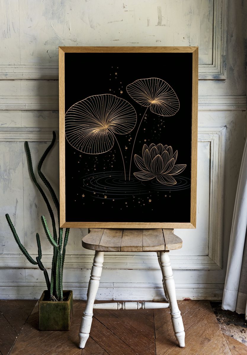 Golden Lotus Bloom Print. — room view 1