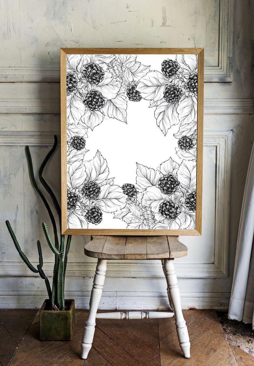 Blackberry Floral Wreath Print. room preview