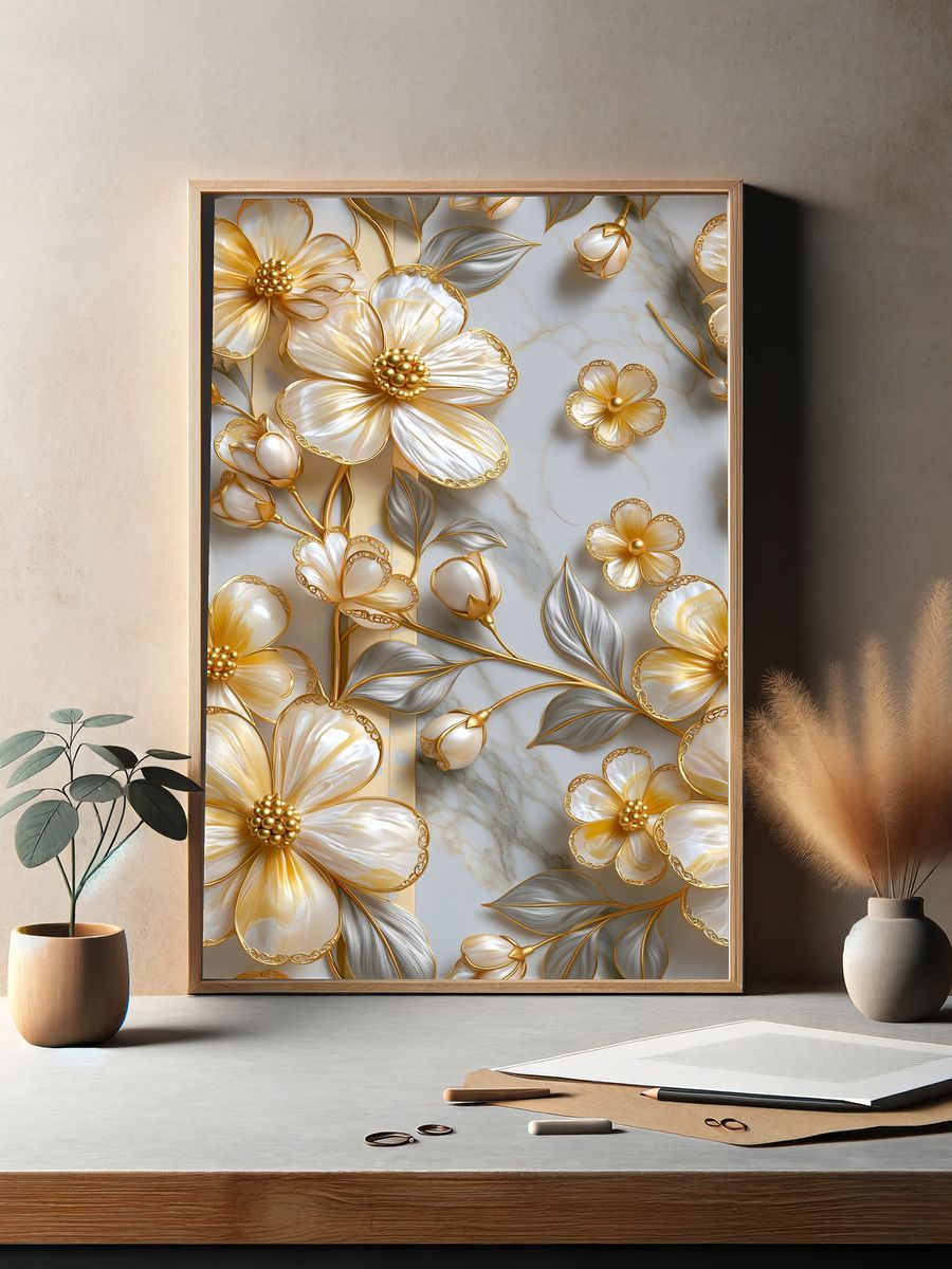 Golden Floral Relief Poster. — room view 2