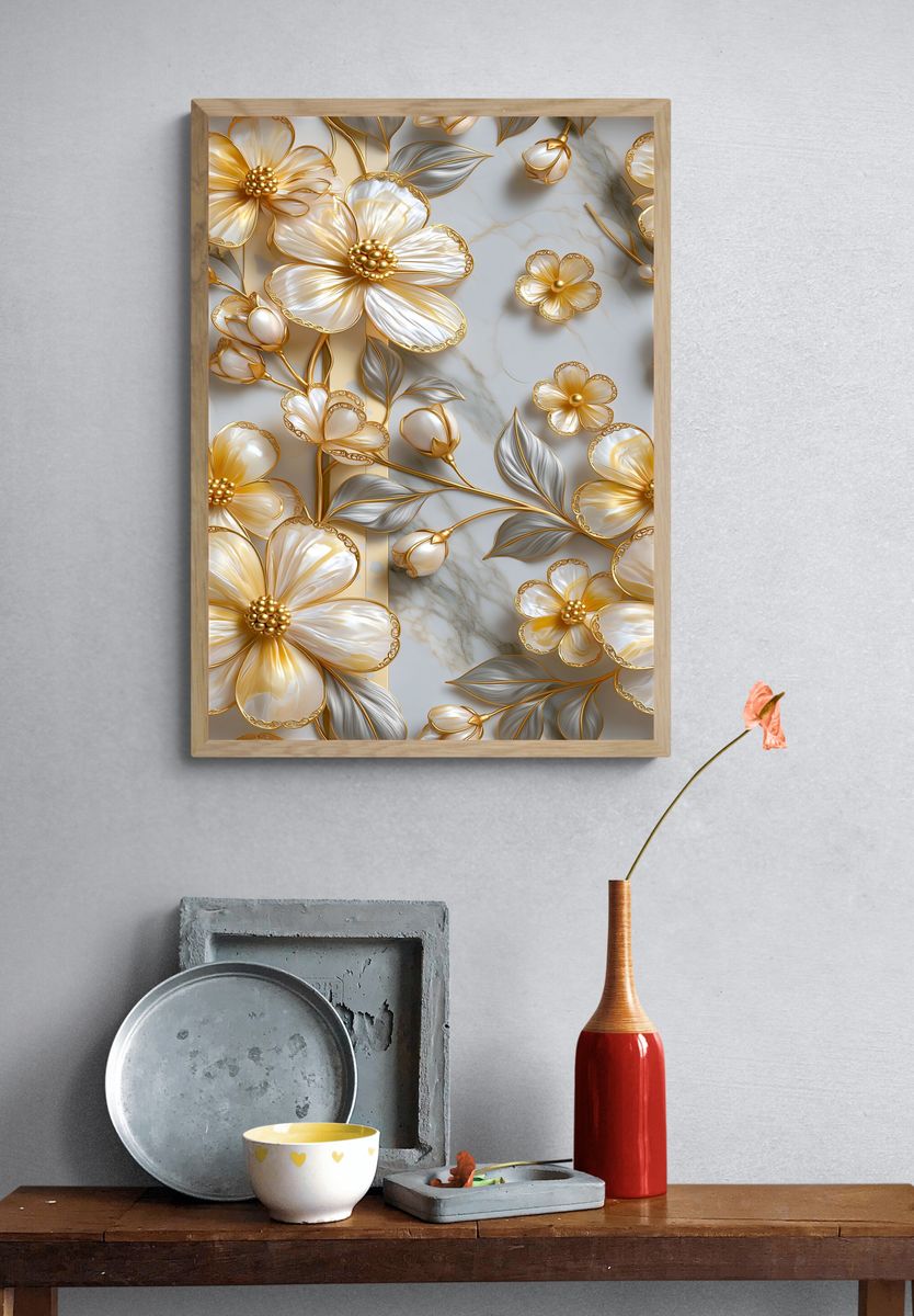 Golden Floral Relief Poster. — room view 3