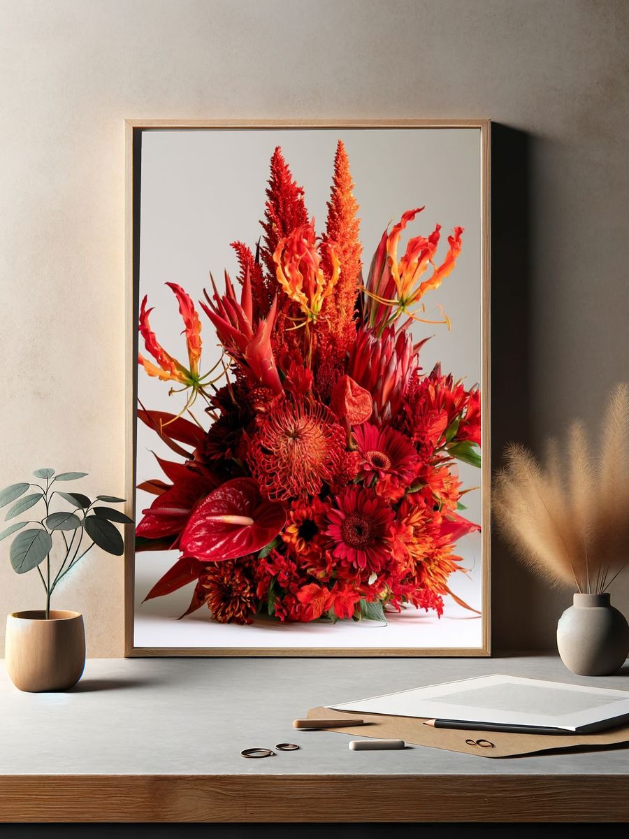 Crimson Floral Bouquet Photography Poster. — room view 2