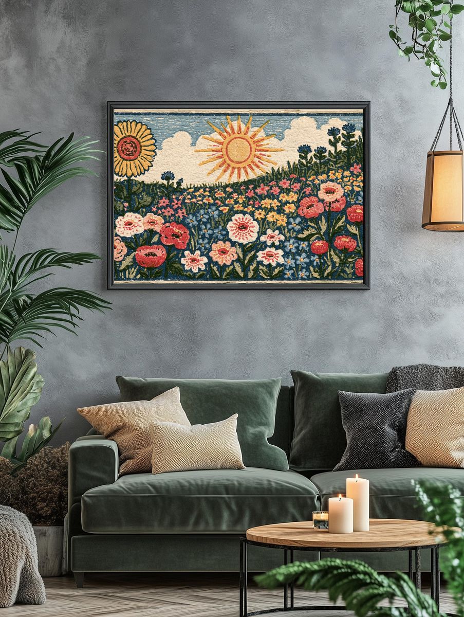 Sunlit Wildflower Meadow Vintage Print. — room view 4