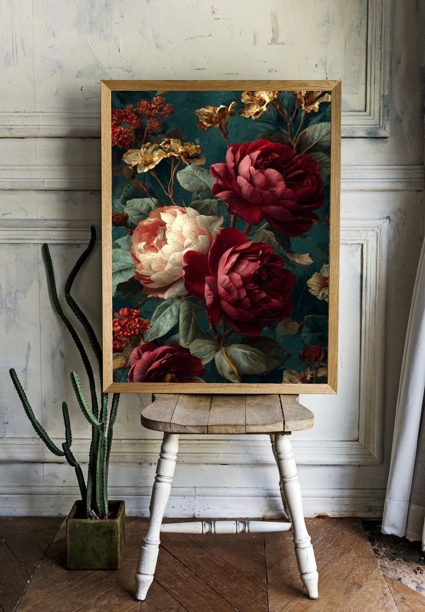 Velvet Peonies Botanical Print. room preview