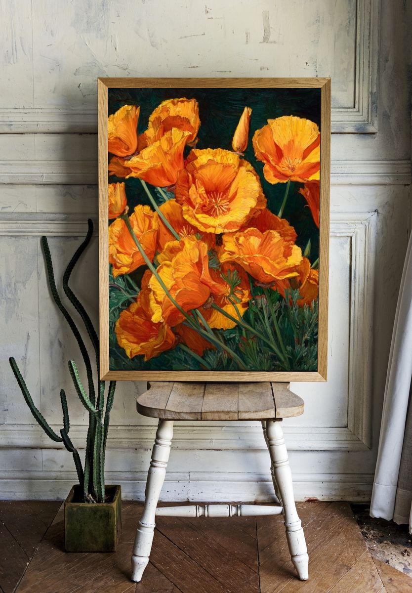 Orange Poppy Blooms Fine-Art Poster. — room view 1