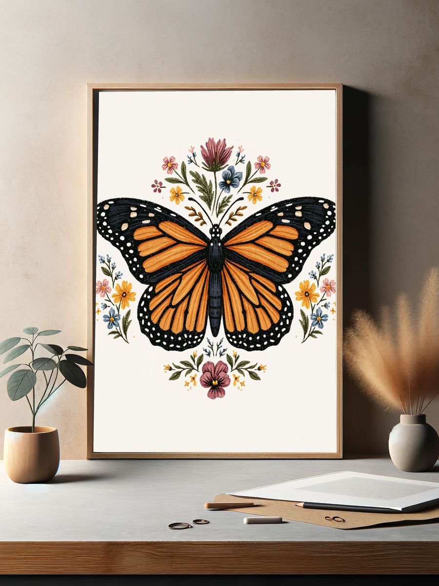 Monarch Butterfly Floral Illustration Poster. — room view 2