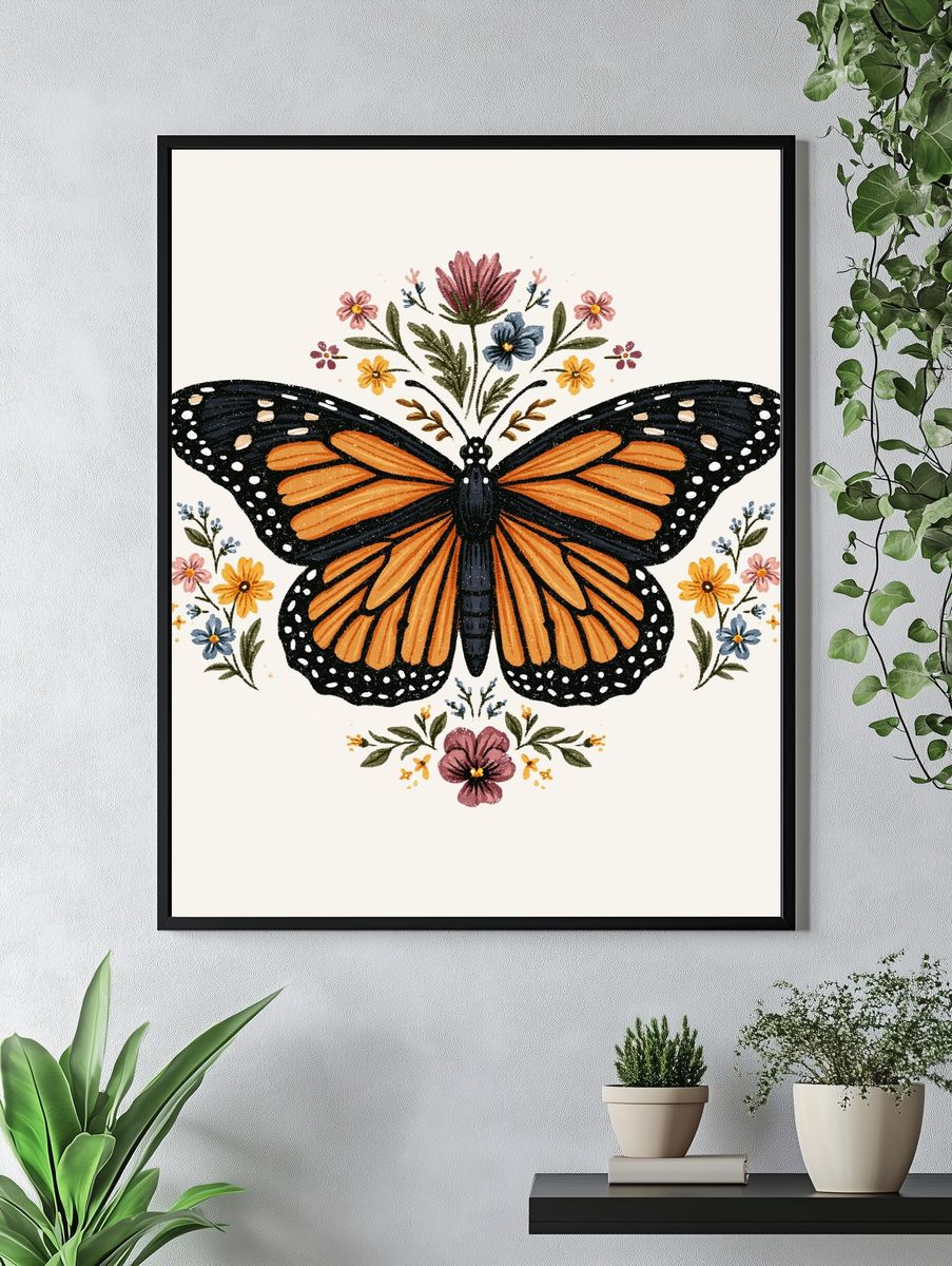 Monarch Butterfly Floral Illustration Poster. — room view 4