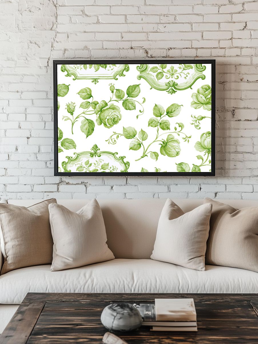 Green Floral Toile Botanical Print. — room view 1