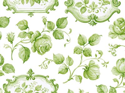 Green Floral Toile Botanical Print.