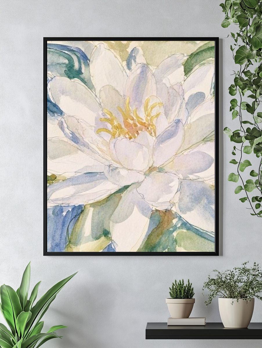 White Watercolor Flower Print. — room view 4