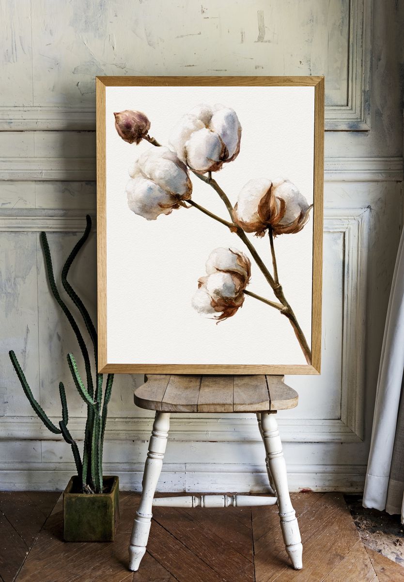 Cotton Branch Watercolor Poster. — room view 1