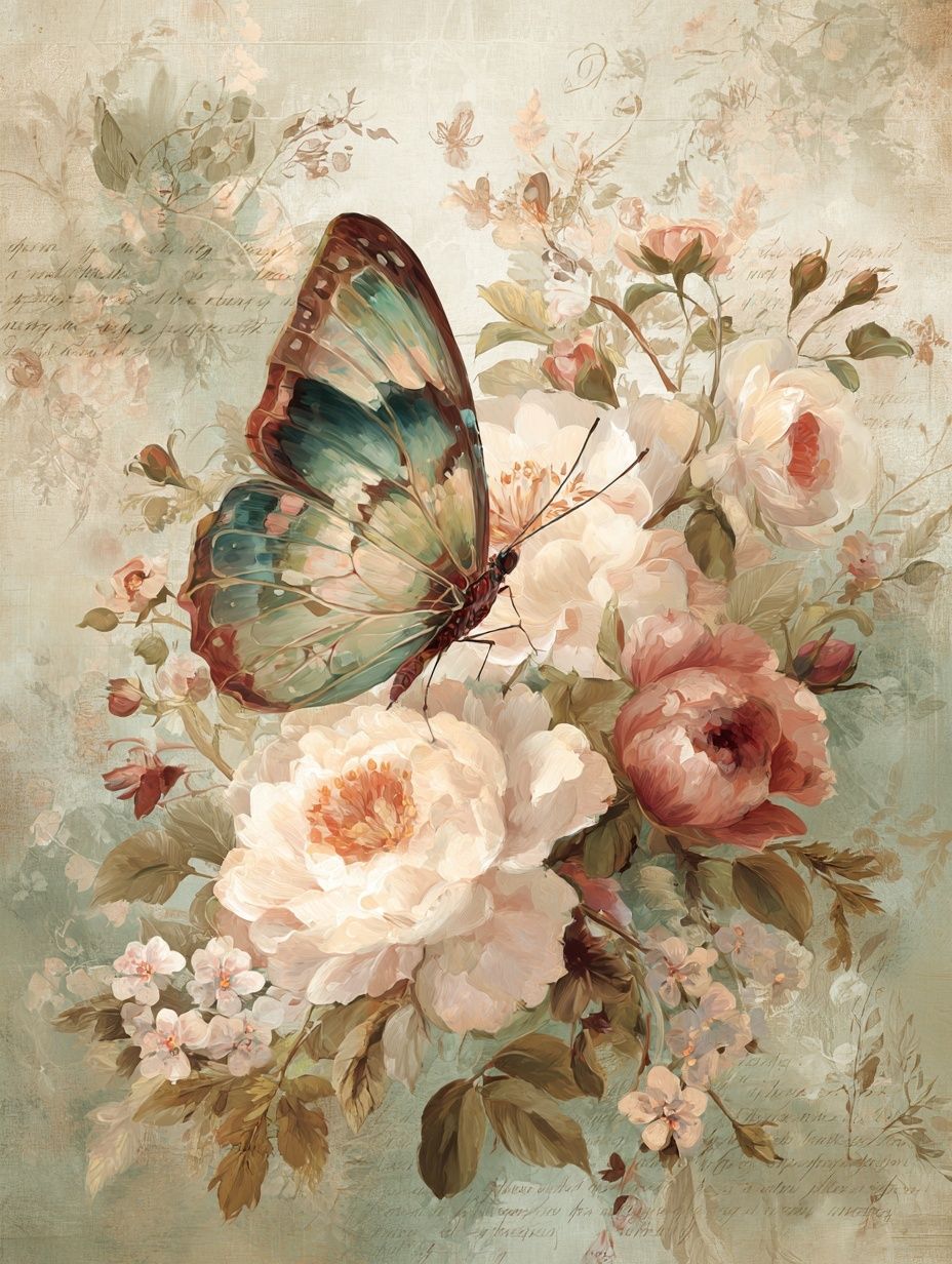 Butterfly and Peonies Vintage Print. poster detail