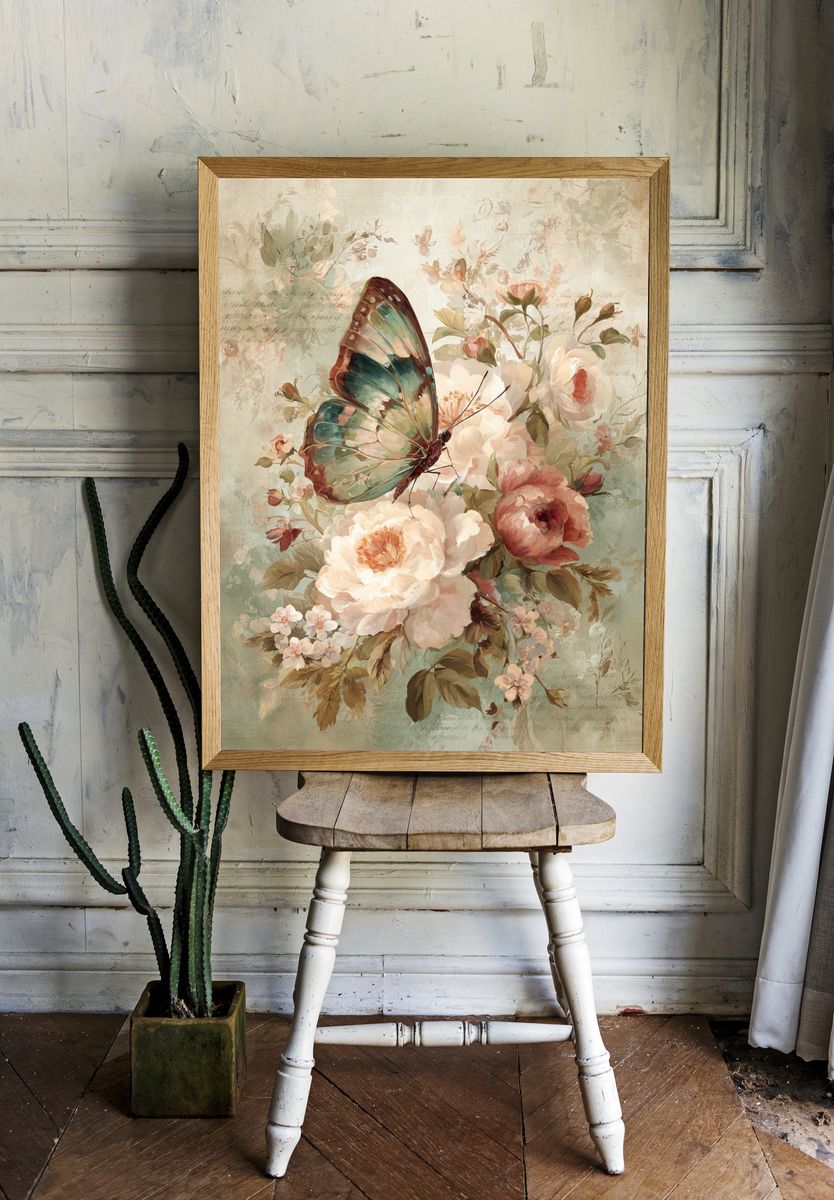 Butterfly and Peonies Vintage Print. — room view 1