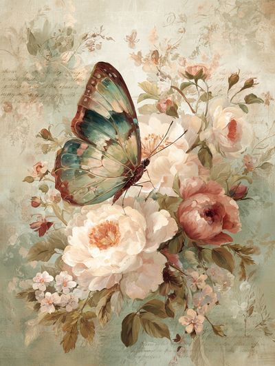 Butterfly and Peonies Vintage Print. poster