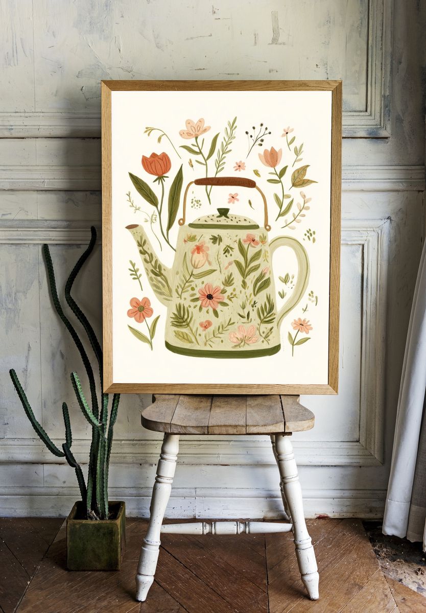 Floral Teapot Botanical Print. room preview